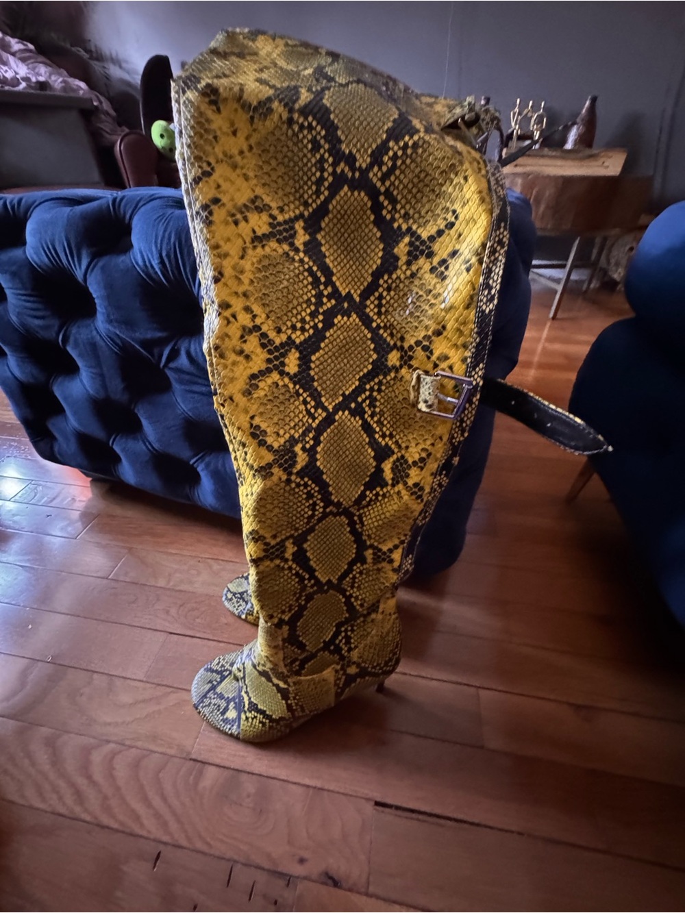 Yellow Snake-Print Open-Toe Heeled Boots - Picture 4 of 8